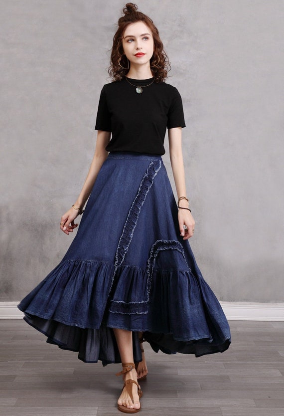 Boho Blue Denim Skirtwomen Summer Maxi Denim Skirt Vintage | Etsy