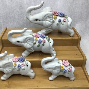 Vintage Collection of Porcelain White Elephants Herd with 3D Flowers