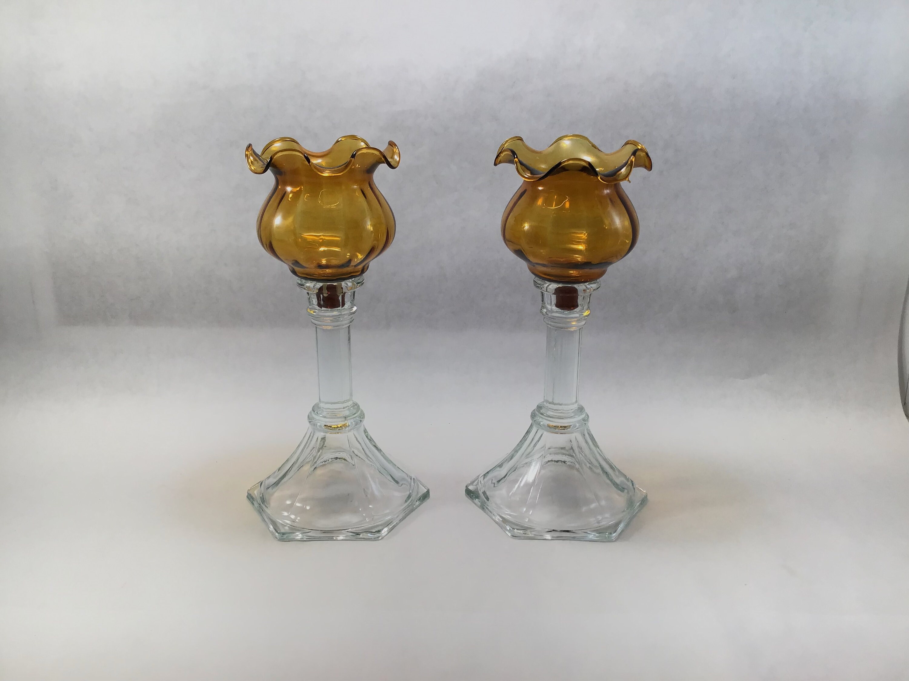 Vintage Amber Candlestick Globes 2 Etsy