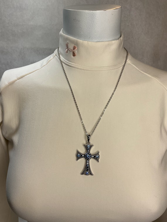 Vintage Silvertone Cross with Blue Rhinestone Acce