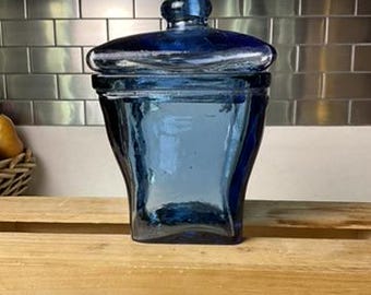 Vintage Solid Blue Glass Countertop Jar with Lid