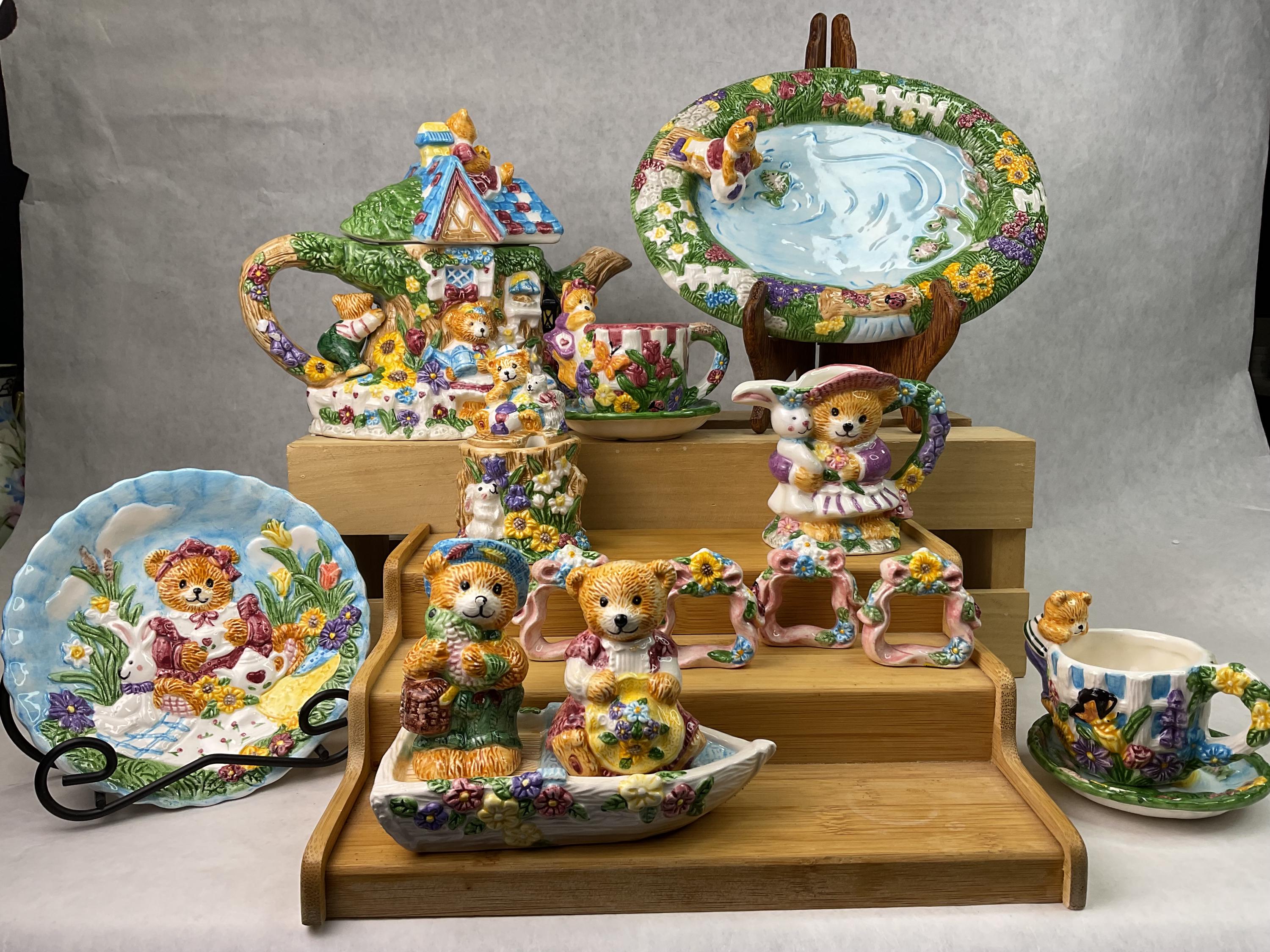 Vintage Handpainted Ceramic Teddy Bear Springtime Tea Set 1990 (23