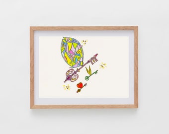 Llaves Mágicas Voladoras – "Tres Llaves de la Maravilla" / Lámina de Arte Fantástico en Acuarela A4/A5, Arte Mural, Regalo Inspirado en Magos