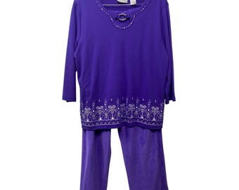 Alfred Dunner 2 Piece Set Purple Rhinestone Embellished Velour Lounge Top Pant L