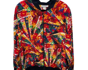 Vtg 80s 90s Impression Woman Floral Print Bomber Jacket Colorful Art Made USA XL