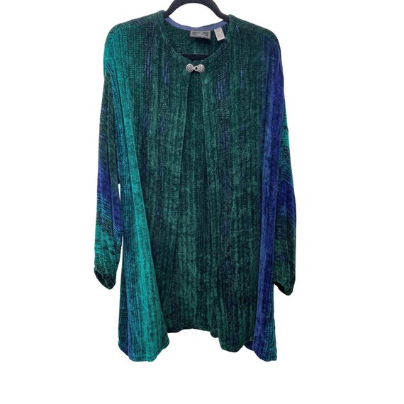 Vtg Cynthia Krause Weavers Chenille Cardigan Sweater Green Teal Art to Wear OS