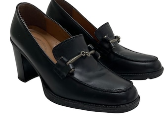 Y2K Bass Bryant Park Black Leather Horsebit Heeled Loafer 5M Granny Retro Witchy