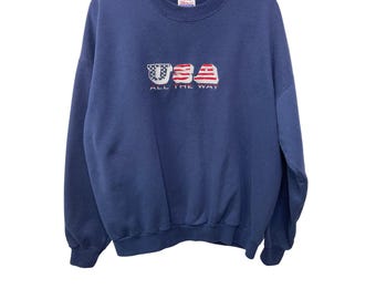 Vtg Hanes USA All The Way Embroidered Navy Blue Sweatshirt Adult XL 90s 4th July