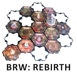 Puede incluir: Primer plano de un juego de mesa con fichas hexagonales, que presenta una figura en miniatura gris y el texto "BRW: REBIRTH".