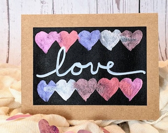 Love Watercolor Valentine's Day Card, Hearts, Greeting Card, Original Painting, Shimmer Watercolor