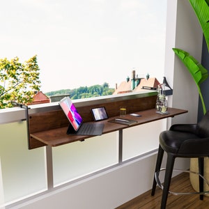 Balcony Railing Bar Table, Heigth and Depth Adjustable Foldable Desk. Housewarming Gift