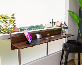Balcony Railing Bar Table, Heigth and Depth Adjustable Foldable Desk. Housewarming Gift