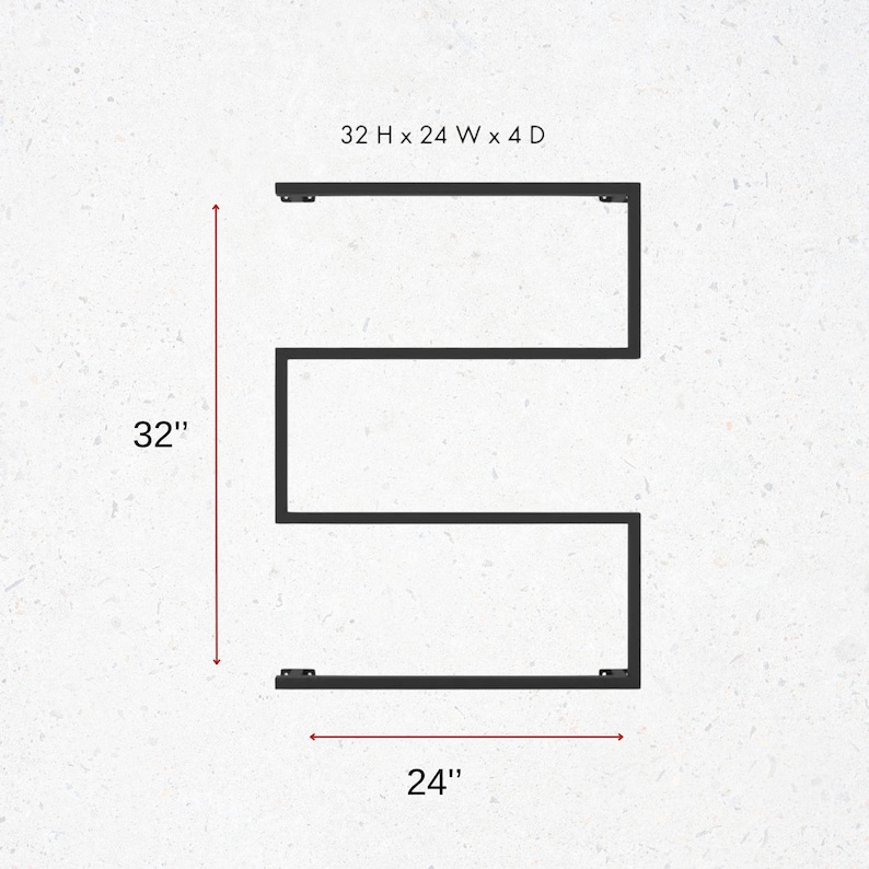 May include: Black metal wall shelf with a distinctive zig-zag design. The shelf measures 81 cm high, 61 cm wide, and 10 cm deep. The dimensions are clearly labelled on the image. The shelf has mounting brackets at each end.