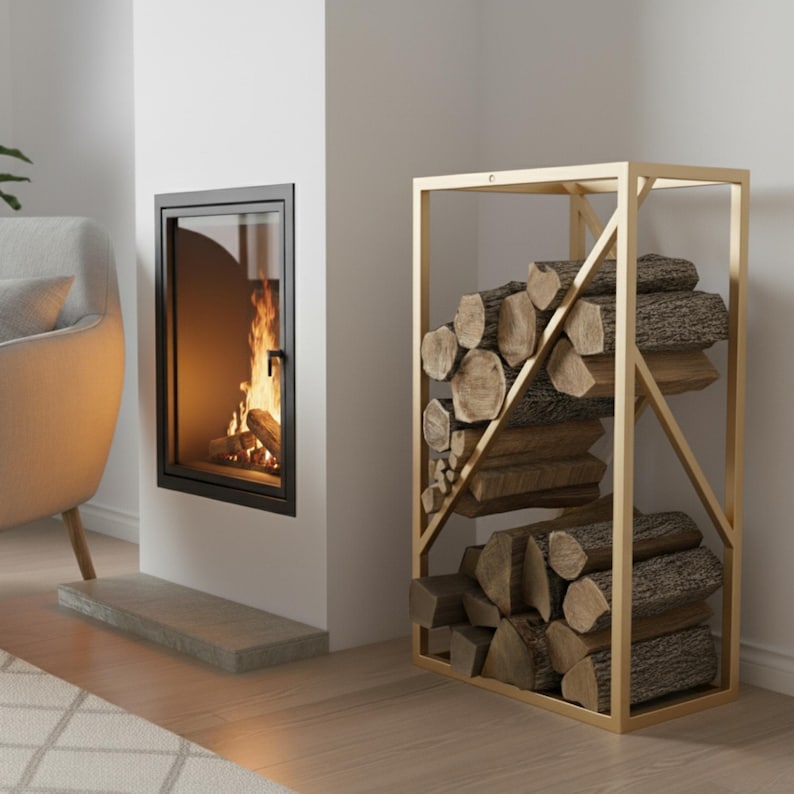 Log Rack Tower Modern Metal Firewood Rack – Vertical Log Storage Stand for Indoor ...
