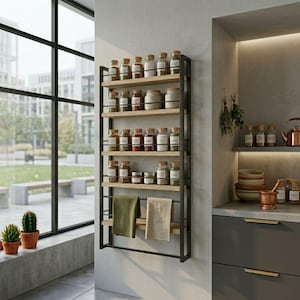 Puede incluir: Un especiero de pared de metal negro y madera, lleno de varios frascos de especias. El estante tiene múltiples estantes y una barra para toallas. Dos pequeños cactus en macetas están en un alféizar.