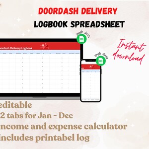 Op de afbeelding: Een digitale spreadsheet voor DoorDash-bezorgers, weergegeven op een laptop en smartphone. De spreadsheet bevat 12 tabbladen voor januari tot en met december, een inkomsten- en uitgaven calculator en een afdrukbaar logboek. De tekst "DoorDash Delivery Logbook Spreadsheet" staat bovenaan.