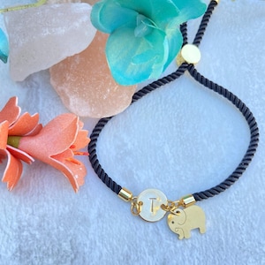 Elephant Initial Bracelet: Personalized Cord Jewelry, Good Luck Charm