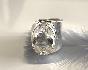 Offener 925 Silberring mit Bergkristall Retro Ring Großer Statement Ring Natürlicher Bergkristallring Massiver Hochwertiger Ring für Sie