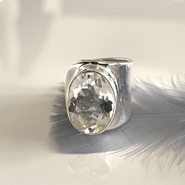 Offener 925 Silberring mit Bergkristall Retro Ring Großer Statement Ring Natürlicher Bergkristallring Massiver Hochwertiger Ring für Sie
