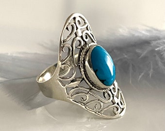 TURQUOISE silver ring 925 SILVER RING oval stone ring ornament ring filigree solid large stone ring silver ring for women