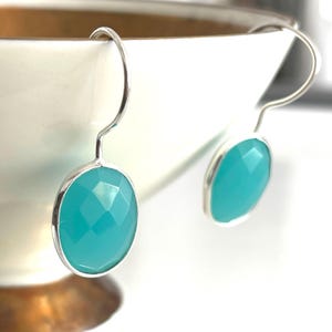 Chalcedony Earrings 925 Silver Aqua Sky Blue Gemstone Dangle Earrings Oval Faceted Stone Earrings for Women Gift for Women