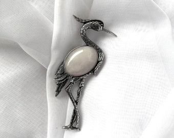 Bird brooch with rose quartz gemstone rose quartz pendant and brooch heron bird silver brooch for women