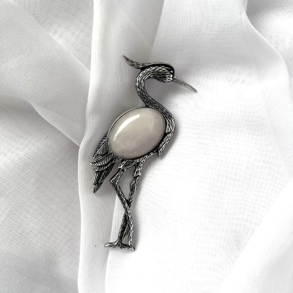 Vogel Brosche mit Rosenquarz Edelstein Rosenquarz Anhänger und Brosche Reiher Vogel Silberbrosche für Frauen