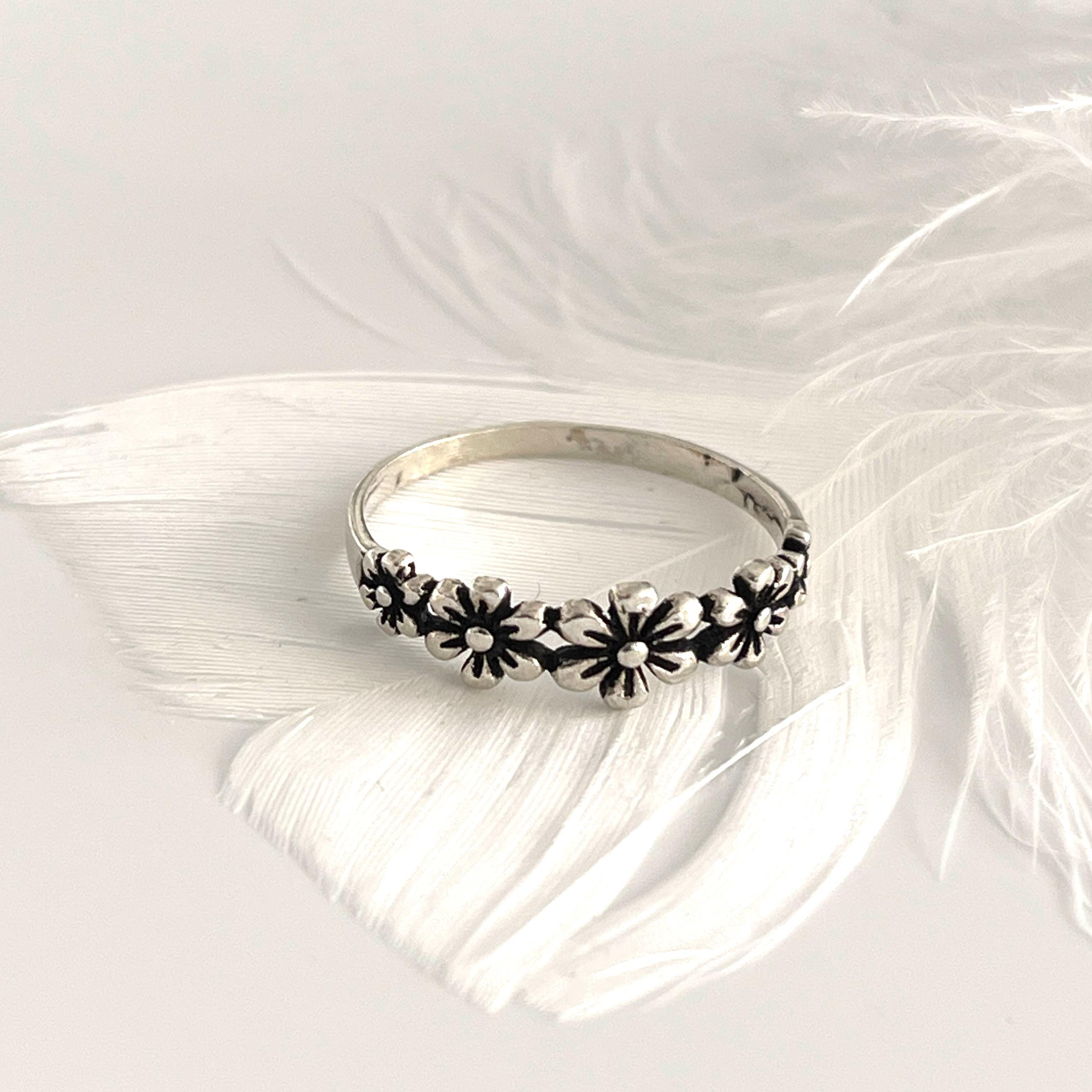 Bague En Argent Massif 925 - Taille 57 Motif Fleur - Occasion, Style Vintage