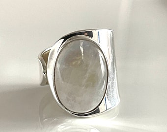 Breter solid moonstone SILVER RING Open adjustable women's ring Minimalist elegant silver ring for her