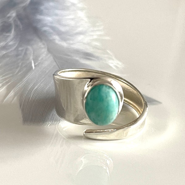 Open Sky Blue Larimar Silver Ring 925 Real Silver Open Adjustable Ring for Any Size Women's Ring with Gemstone for Her