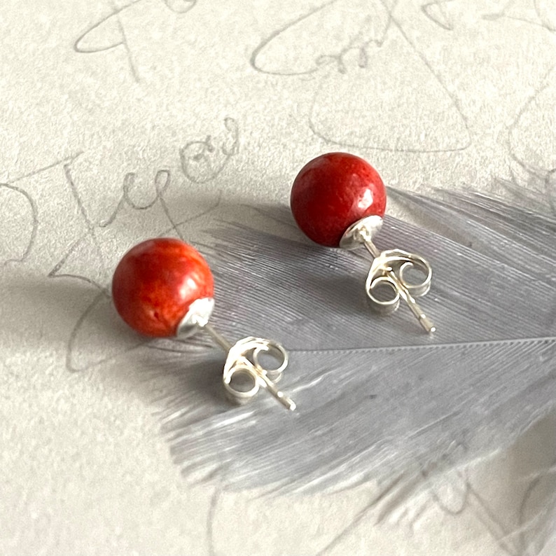 Coral stud earrings 925 silver gemstone stud earrings Timeless earrings Coral stud earrings stone 925 silver stone silver earrings image 2