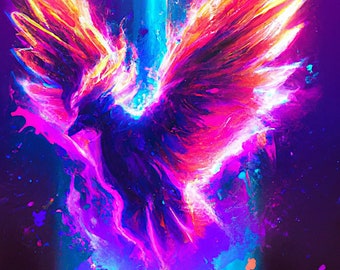 A Neon Synthwave Pheonix Rising from the Ashes - Digital Download PNG -4096x5376 px 300dpi - Synthwave Art