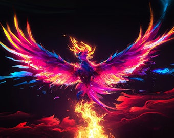 A Neon Synthwave Pheonix Rising from the Ashes - Digital Download PNG -6599x4096 px 300dpi - Synthwave Art