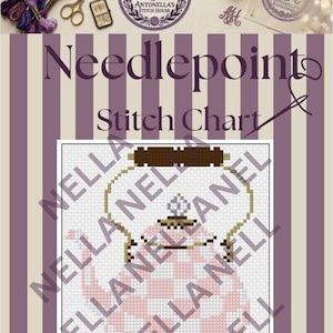 Könnte beinhalten: Ein Stickmuster für Needlepoint mit einer verpixelten Grafik einer rosa Teekanne mit braunem Griff und Deckel. Das Design ist vor einem Hintergrund mit vertikalen violetten und cremefarbenen Streifen platziert, inklusive dem Text "Needlepoint Stitch Chart".