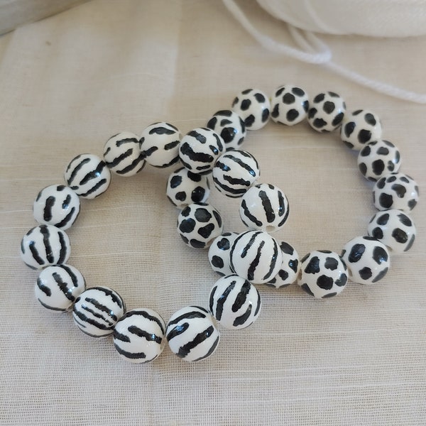 Cow zebra print bracelets chunky polished hand painted wood beads black and white quirky casual dressy eye catching unique playful