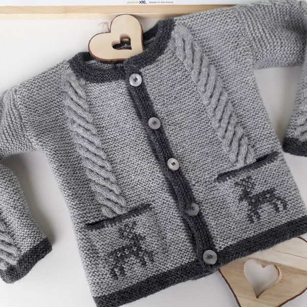 Knitting instructions baby/toddler TRACHTEN JACKET, virgin wool, size 98/104 German PDF file with measurements and photos, great cable pattern, 2 pockets