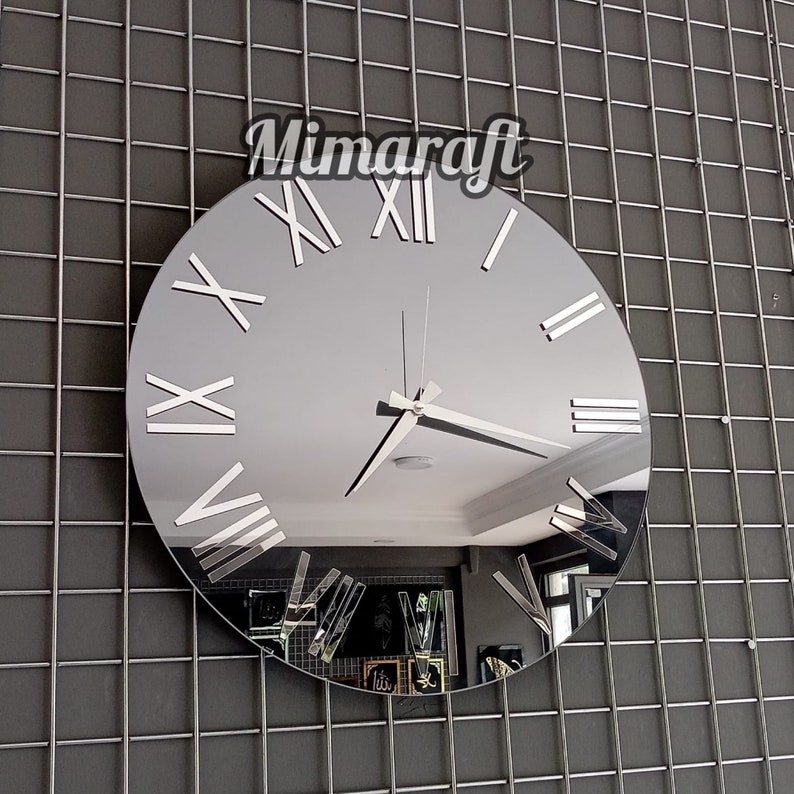 Modern Large Mirrored Wall Clock Silver Colored Numerals on a Etsy