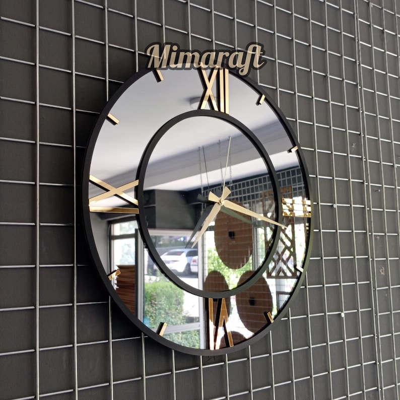 Modern Large Mirrored Wall Clock Silver Colored Numerals on a Etsy