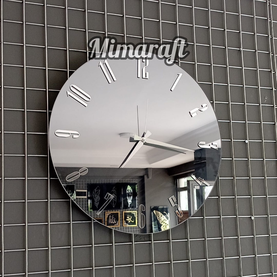 Modern Large Mirrored Wall Clock Silver Colored Numerals on a Etsy