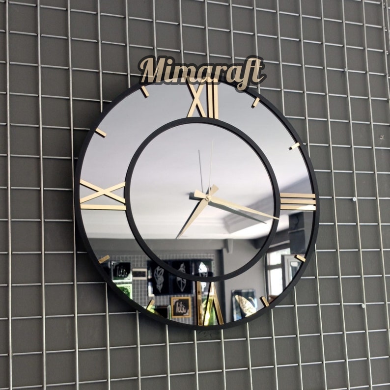 Modern Large Mirrored Wall Clock Silver Colored Numerals on a Etsy