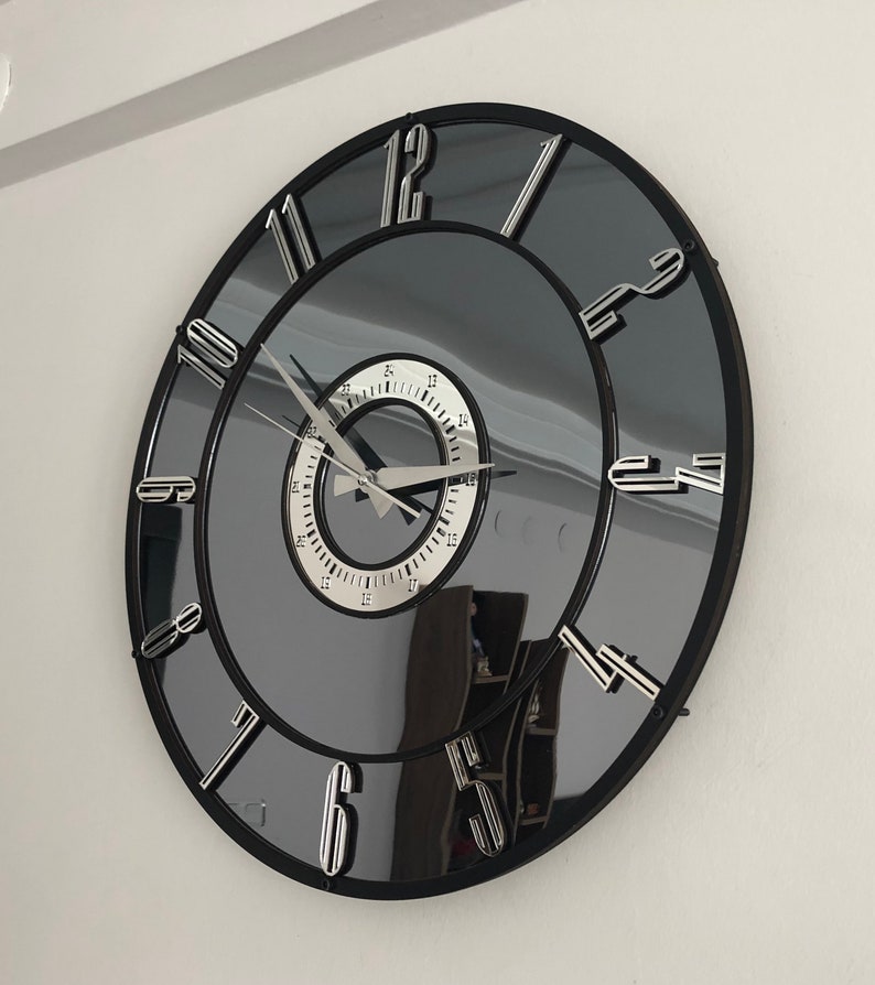 Modern Large Mirrored Wall Clock Silver Colored Numerals on a Etsy UK