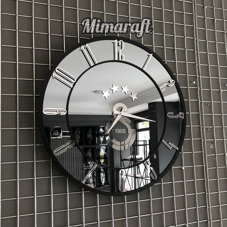 Modern Large Mirrored Wall Clock Silver Colored Numerals on a Etsy UK