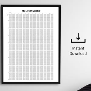 Op de afbeelding: Een zwart-wit print in een lijst met de titel "MY LIFE IN WEEKS". De print toont een raster van kleine rechthoeken, ontworpen voor het bijhouden van levensgebeurtenissen. Een "Direct downloaden" pictogram is zichtbaar.