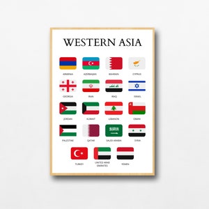 西アジア諸国、中東諸国、国旗と名前、教育用プリント、学習チャート、アジア大陸、西アジア、PNG