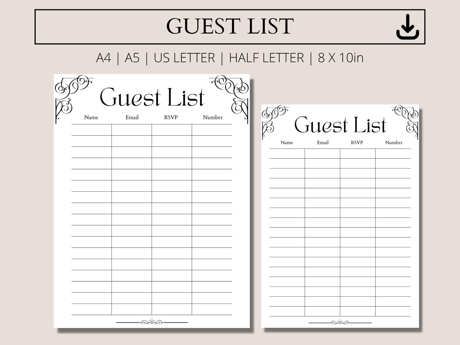 Wedding Guest List, Bridal Shower, Guest Book List, Baby Shower Guest