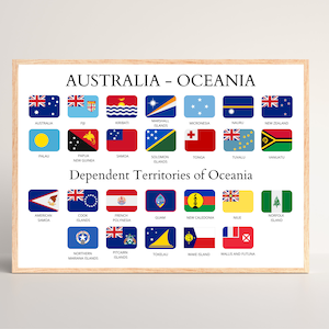 Australie - Pays d'Océanie, Drapeaux et noms, Éducatif, Poster à imprimer, Continent d'Océanie, Pays d'Océanie