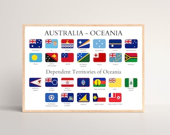 Australia - Oceania Countries, Countries of Oceania, Flags and Names, Educative, Printable Poster, Oceania Continent, Countries of Oceania