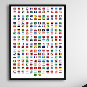 Flaggen der Welt, Flaggen der Welt, Länder der Welt, 237 Länder, Flaggen und Namen, lehrreiches Poster, Lerngrafik, Wandkunst Poster