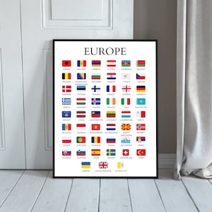 European Countries, Countries of Europe, Flags and Names, Learning Chart, Educative, Printable Poster, Europe, PNG Print,Countries, Learning