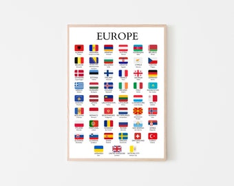 European Capitals, Flags Countries and Capitals of Europe, European Flags, Countries of Europe, PNG Print, Educative Poster, Educative Print